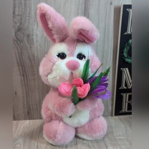 EASTER VTG 80s Applause Pink White Bunny Rabbit Holding Flowers Stuffed Animal